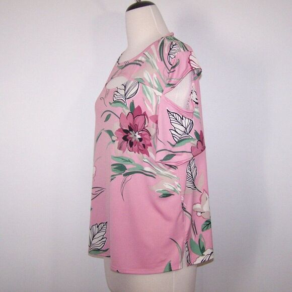 BonWorth Shirt Top LP Cutout Floral Stretch Flowy Short Cold Shoulder Sleeve - Picture 5 of 9